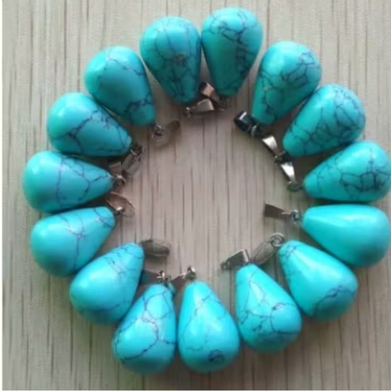 pingente gota em pedra natural turquesa azul aço inoxidável  - 104