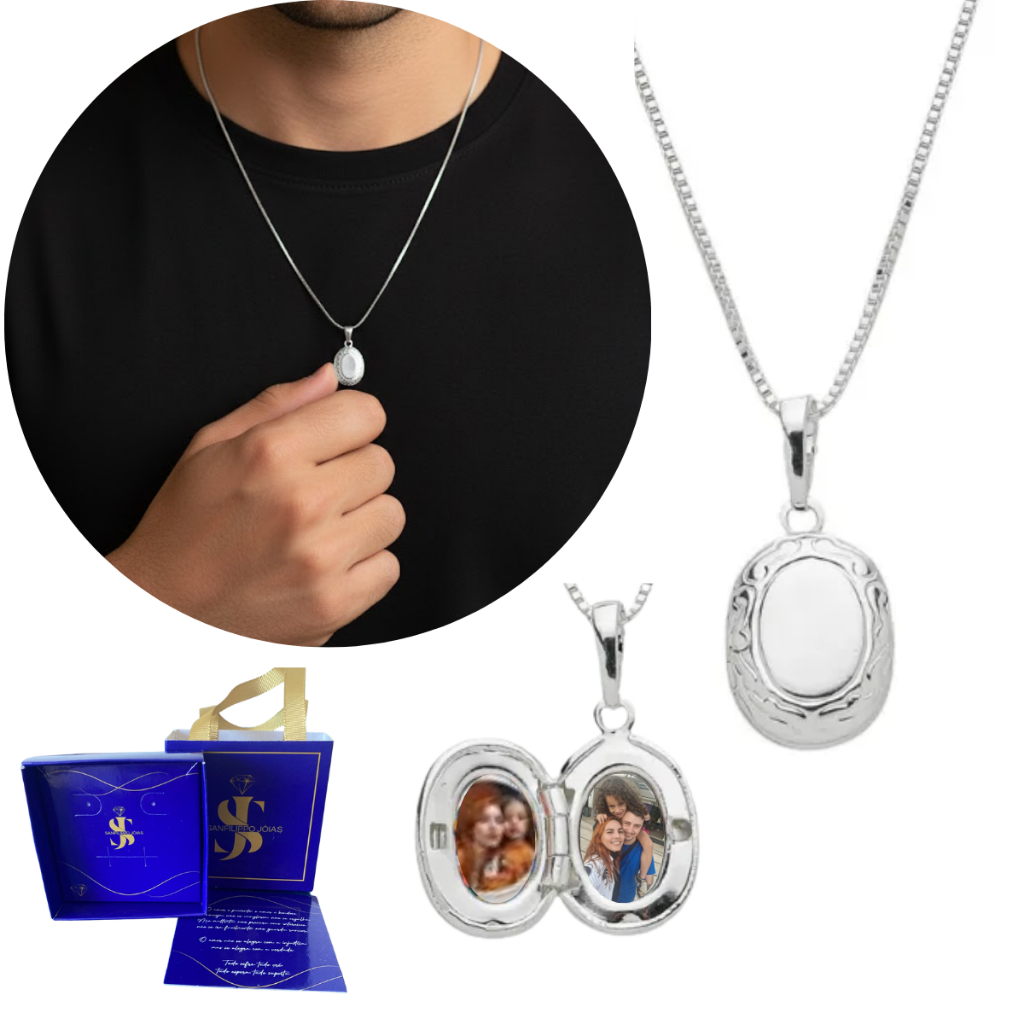 Colar Relicário Masculino oval mini + Corrente de 60cm + 2 Fotos Banhado a Prata