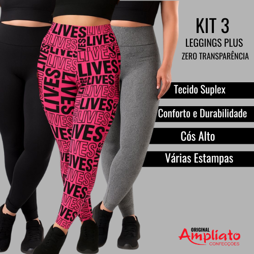 KIT 3 Leggings PLUS SIZE Suplex Feminina – Não Transparente, Alta Compressão para Treino, Casual ou Pilates em Oferta na Shopee