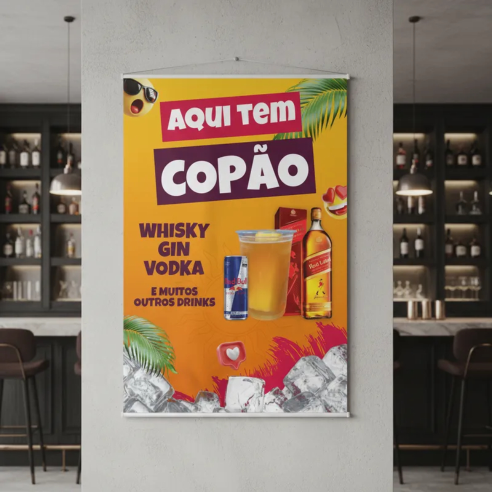 Banner Faixa Lona Copão Gelado Adega Drink Bar Mercearia Distribuidora Bebida Whisky 100x70