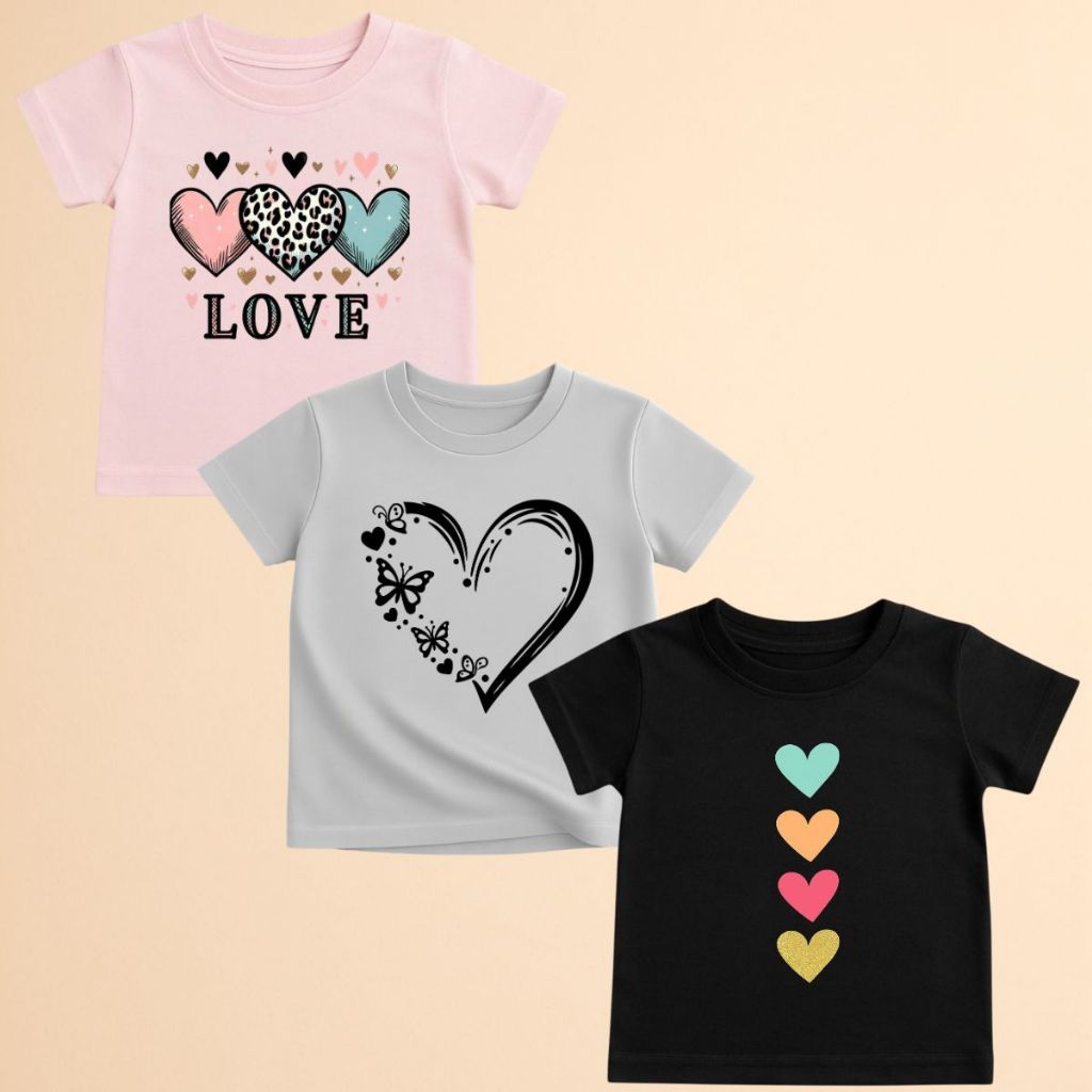 Conjunto 3 Blusas Infantil Feminino Moda Juvenil Coração Verão Confortável Algodão Oversized