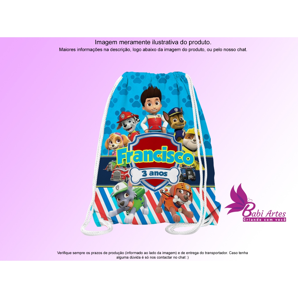 Mochilinha Saco Personalizado Patrulha Canina  Festa Aniversário Lembrancinha Saquinho Infantil