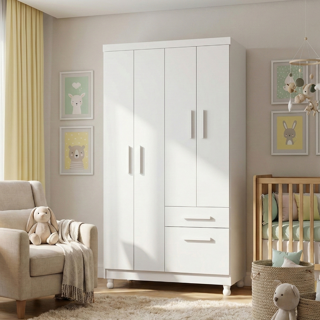 Guarda Roupa Infantil 5 Portas com 2 Gavetas e Cabideiro Guarda Roupa Espaçoso para Quarto Infantil