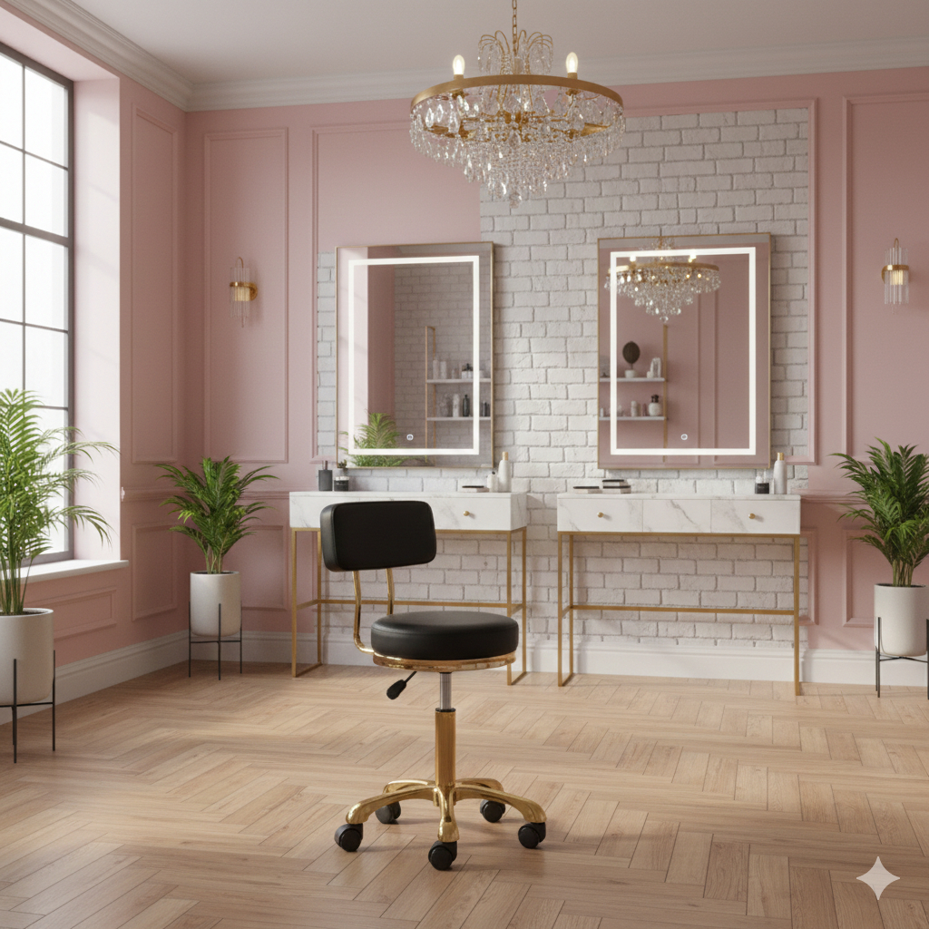 Cadeira Mocho Gold Couro Preto Base dourada Tatto Clinica Estetica Dentista Podóloga Odontológico Maca Escritório