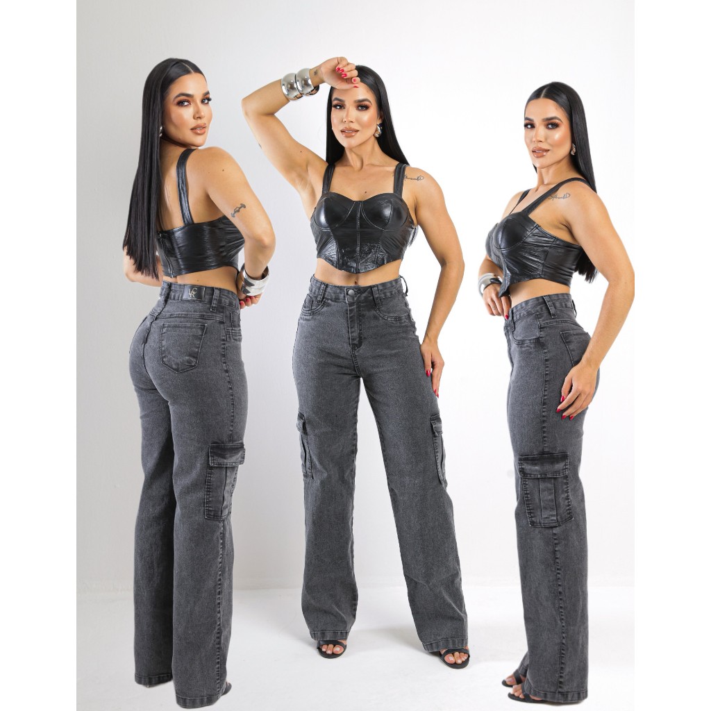 Calça Feminina Wide Leg Cargo Jeans Cintura Alta Com Lycra em Oferta na Shopee
