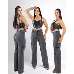 Calça Feminina Wide Leg Cargo Jeans Cintura Alta Com Lycra