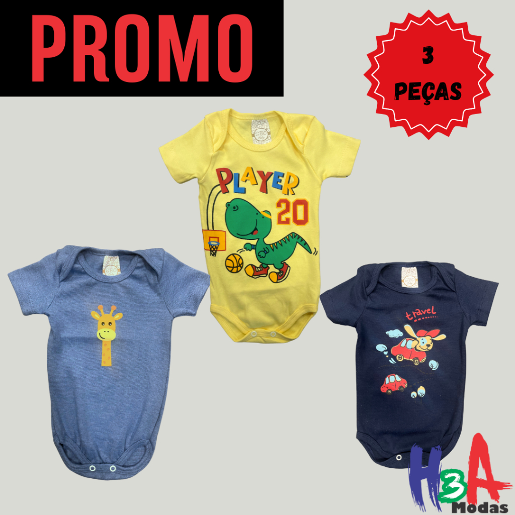 Kit 3 Bodies bebê Manga Curta Algodão - Kit 3 Body Infantil Antialérgico Menino