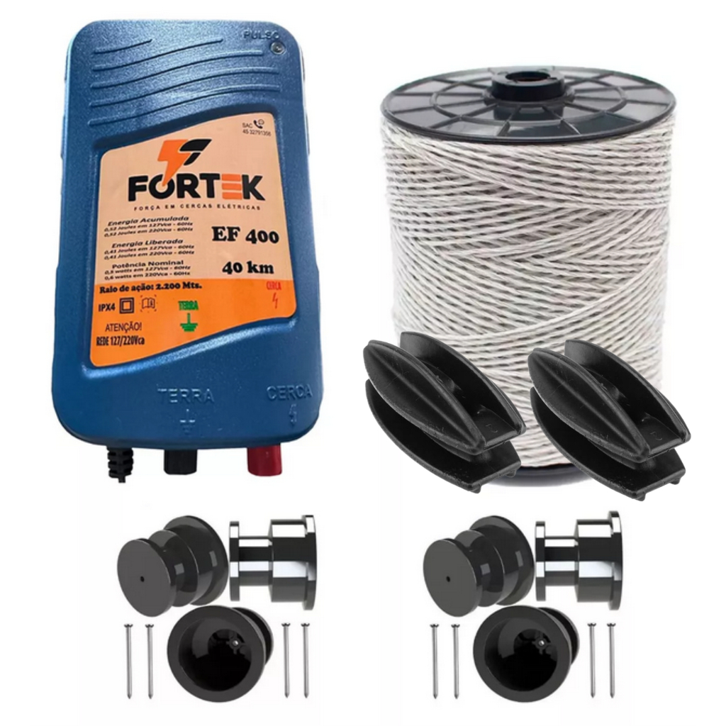 KIT Eletrificdor de cerca eletrica rural + 500m Fio eletro + 50 Roldana 30x30 + 10 Isolador castanha COPT