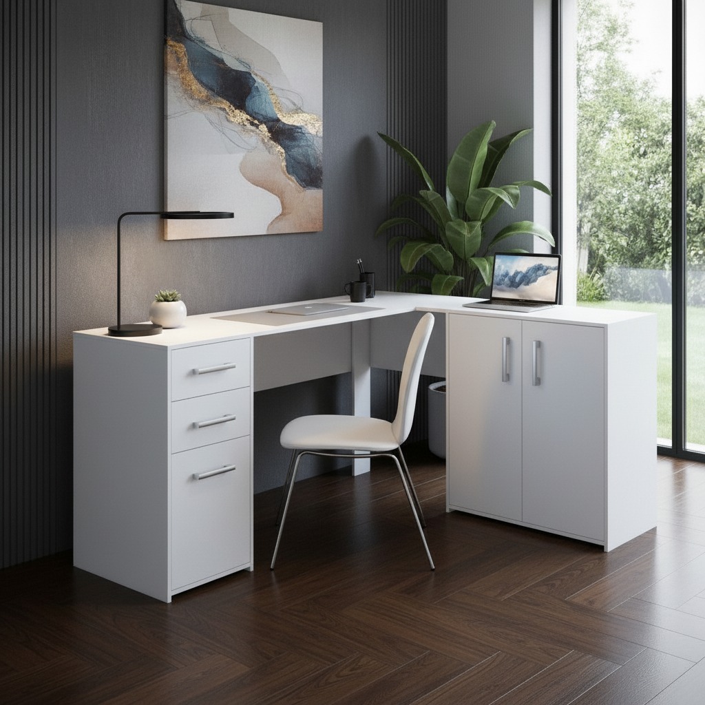 Mesa de Escritório em L 3 Gavetas 2 Portas  Denver