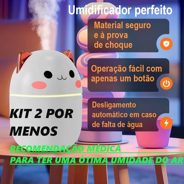 Umidificador Purificador De Ar Gatinho FOFO/KIT 2 POR MENOS Com Led /Silencioso USB 250ML/Perfeito : Casa e Escritório