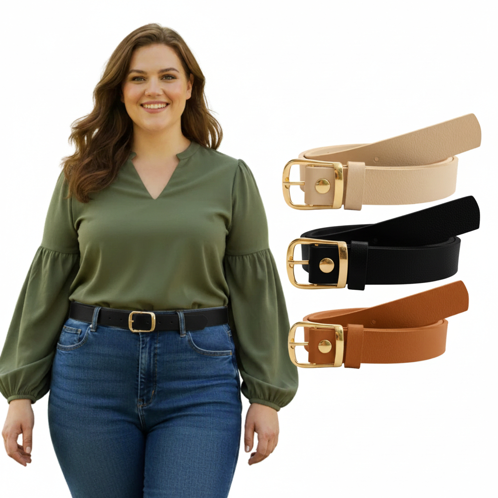 Kit 3 e 2 Cintos Plus Size Feminino Elegante Fivela Dourada Moda Primavera PP ao G3 2.2cm - Luana