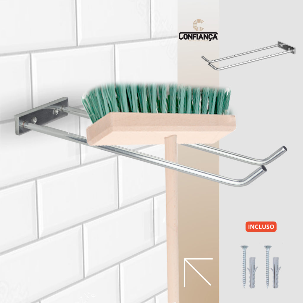 Suporte Para Vassoura Rodo Organizador Parede Ferramentas Metal Inox Dupla Fixação 20 Cm Cód. 1180