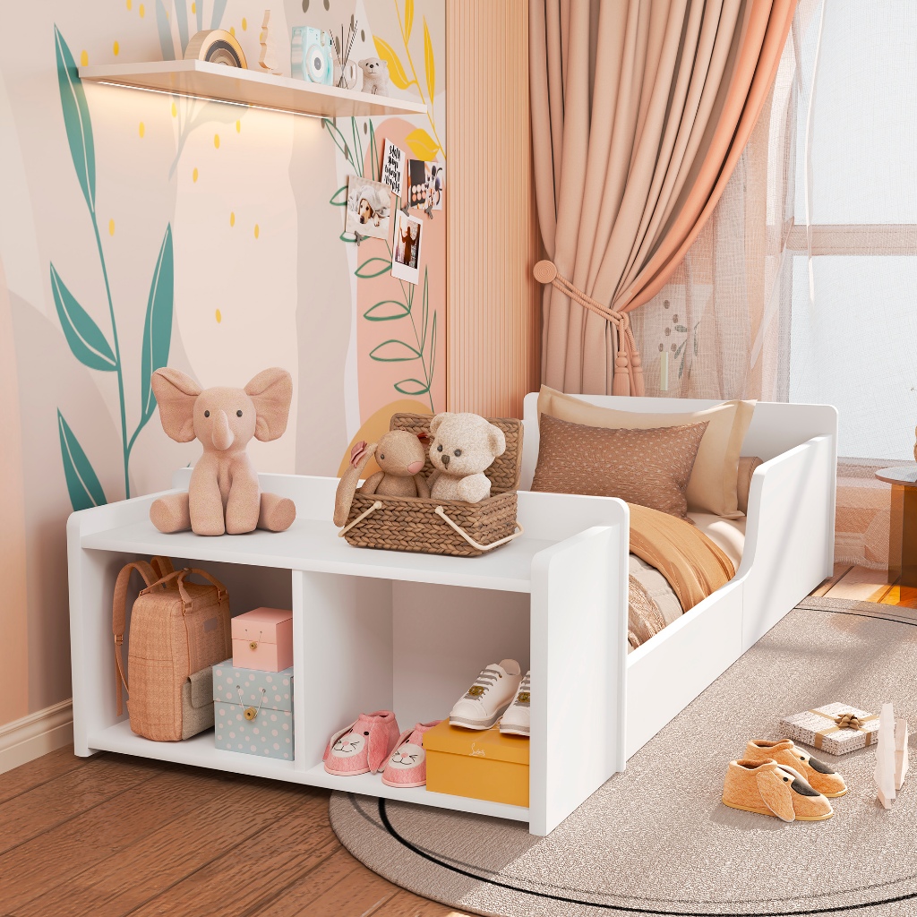 Cama Infantil Com Nicho Organizador Para Brinquedos e Sapateira Baixa Montessoriana Quarto Criança