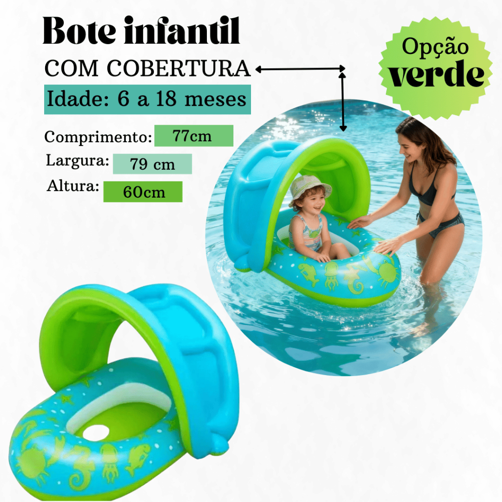 Boia Bote Infantil Bebê Piscina com Cobertura Assento Inflável Menino Menina Crianças Verde