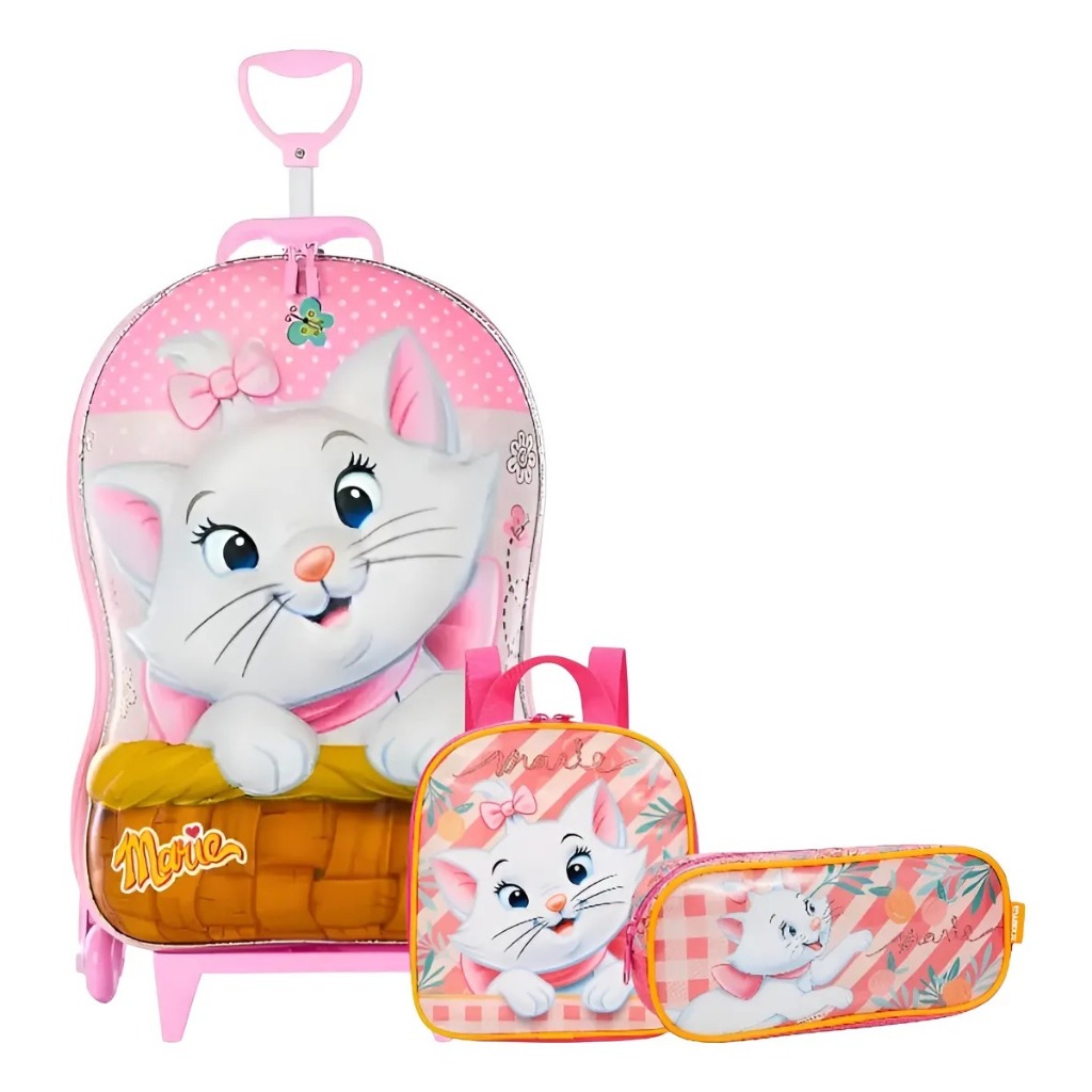 Kit Malinha Mochila Escolar Infantil Gatinha Marie Rodinhas Rosa Marie
