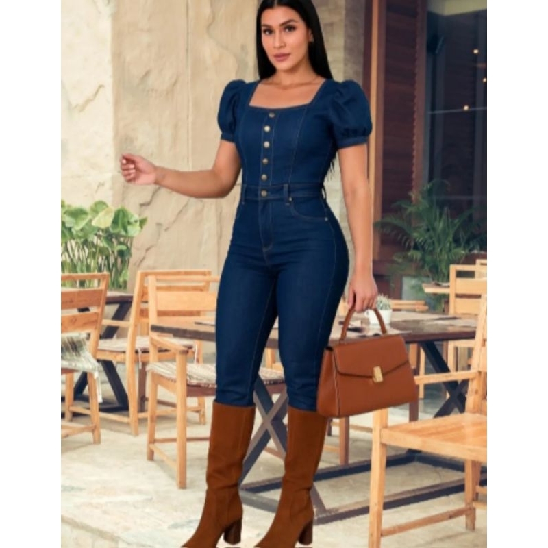Macacão Jeans Feminino Longo Manga Princesa Com Lycra 40/42
