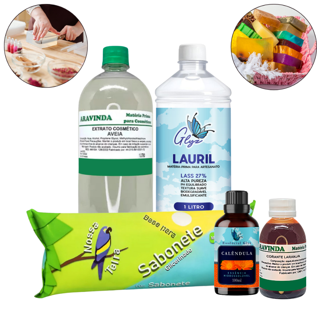 Sabonetes Caseiros Fáceis: Base Nossa Terra 1kg, Essência Hidrossolúvel, Corante, Lauril e Extrato de Aveia Tudo Incluso