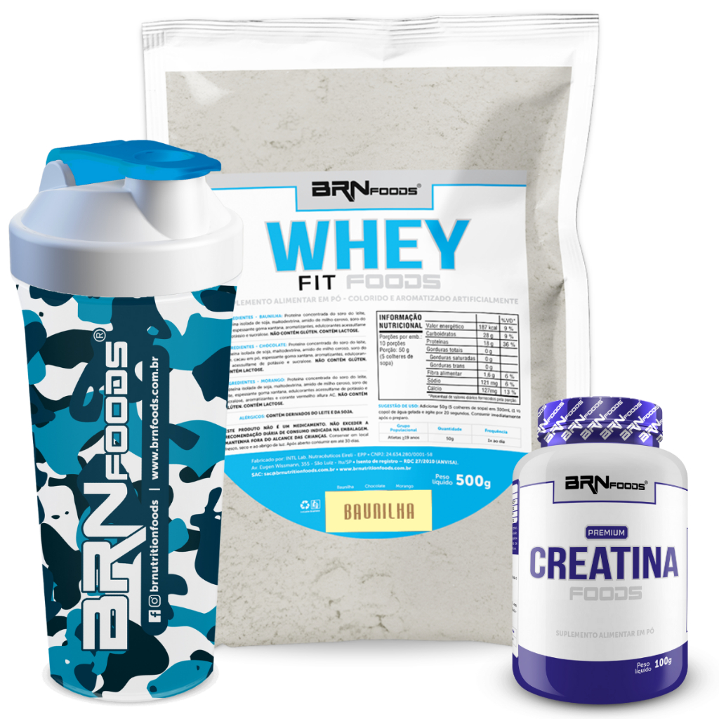 Kit Whey Protein Concentrado 500g + Premium Creatina 100g + Coqueteleira - BRNFoods em Oferta na Shopee