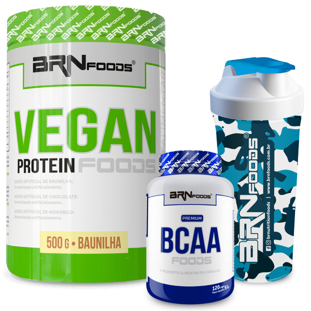 Kit Proteína Vegana Vegan Protein 500g + BCAA Premium 120 Cápsulas + Coqueteleira - BRN Foods