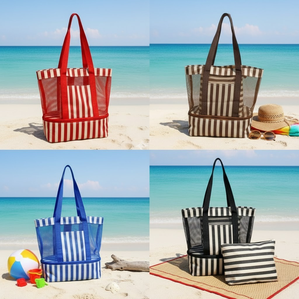 Bolsa Praiana Listrada com Forro Térmico Bolso Grande com Zíper e Necessaire em Oferta na Shopee