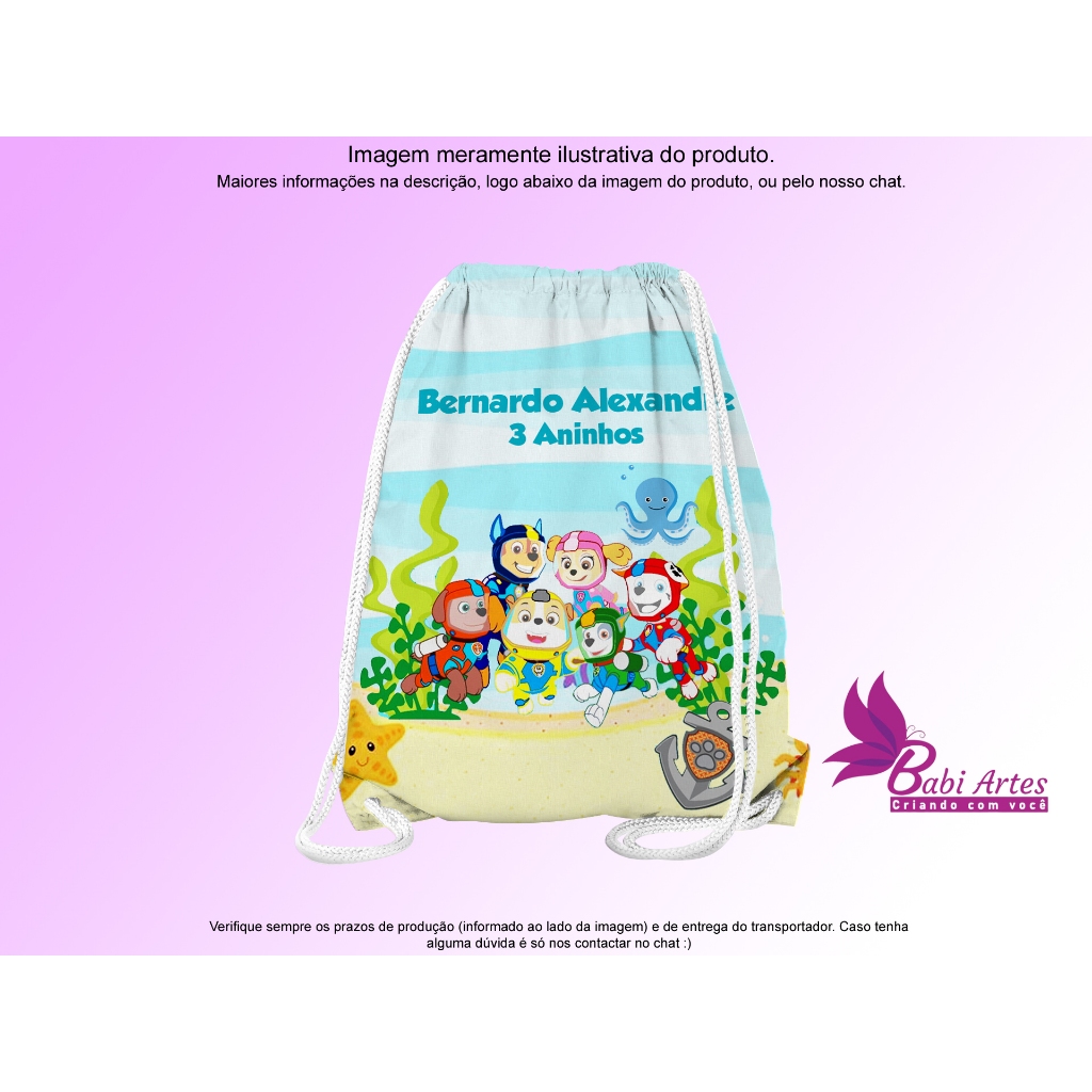 Mochilinha Saco Personalizada Patrulha Canina Fundo do Mar  Festa Aniversário Lembrancinha Saquinho Infantil