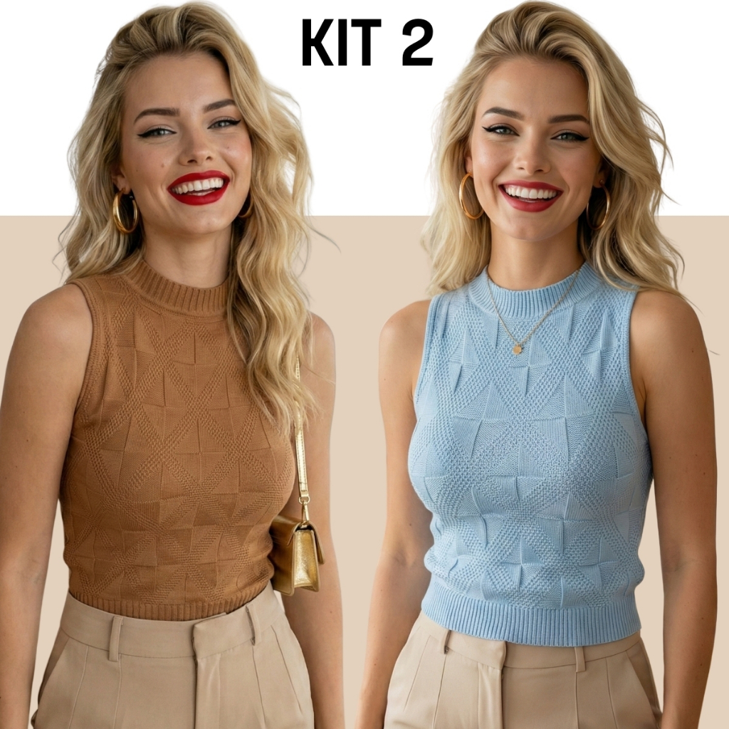 Kit 2 Regata Tricot Modal Estampa Losango Gola Redonda Sem Manga Social Elegante Verão Feminino