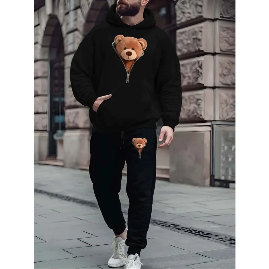 Conjunto Inverno Moletom Flanelado Blusa Canguru Capuz Calça Com Bolso Estampa Urso Bear Confortável