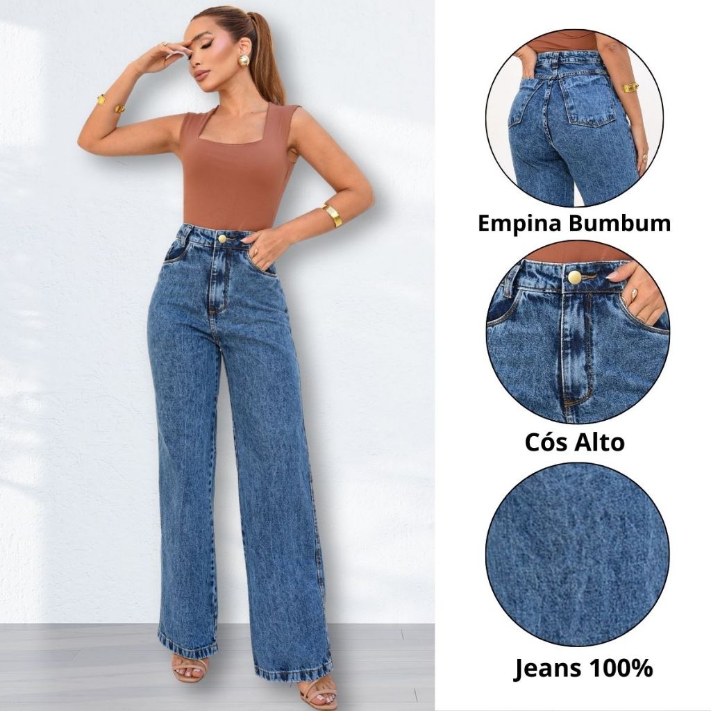 Calça Jeans Pantalona 100% Algodão Wide Leg Preta Cintura Alta Pantalona em Oferta na Shopee