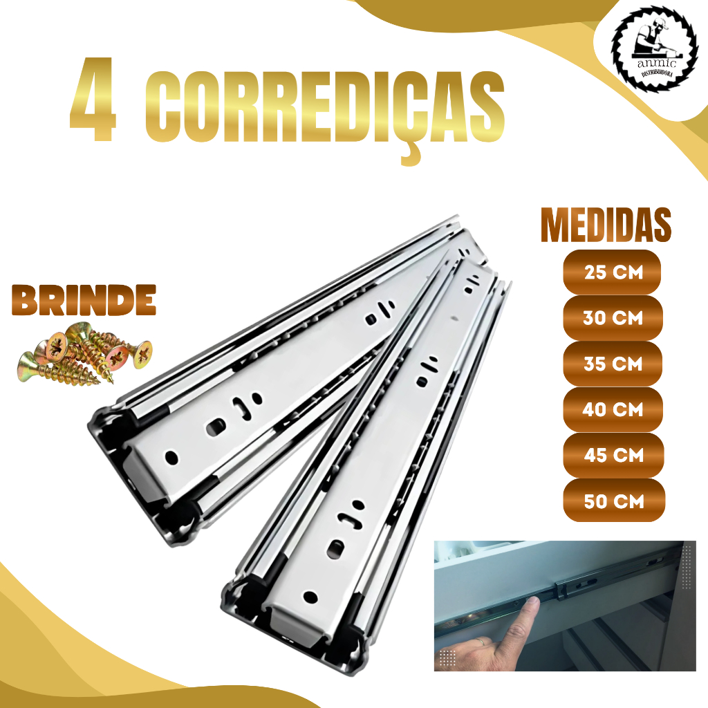 Kit 4 Corrediças de Gaveta Trilho Telescópica Light 25cm 30cm 35cm 40cm 45cm Aço Leve