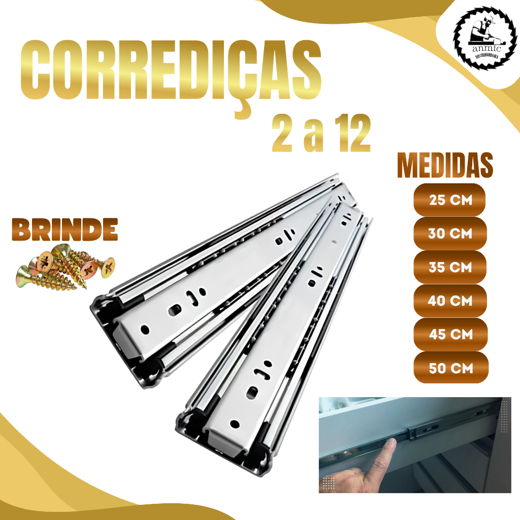 Kit Corrediças Gaveta Trilho Telescópica Light COM Parafusos 25cm 30cm 35cm 40cm 45cm 50cm Aço Leve