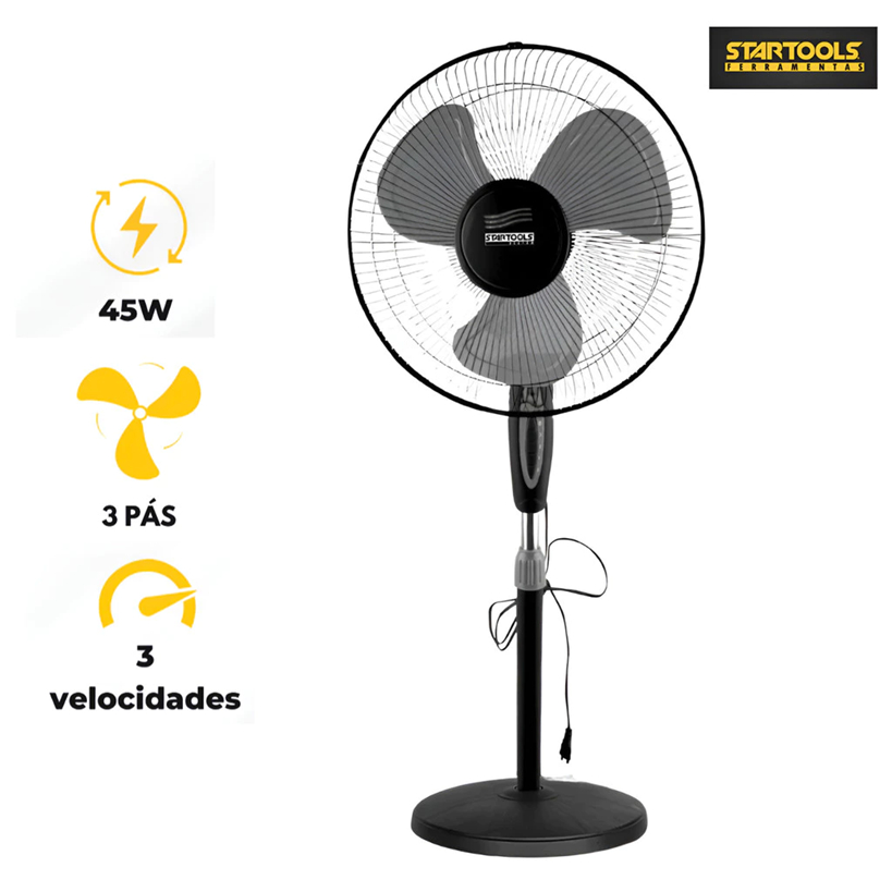 Kit Ventilador Coluna Preto 130cm 45W 3 Velocidades - Startools / Voltagem 127V /  220v Verão Casa