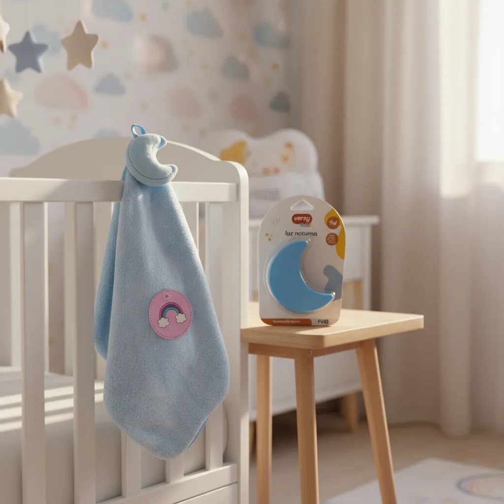 Kit Luz LED Noturna Infantil Botão Liga Desliga Quarto Bebê e Naninha Prendedor De Chupeta