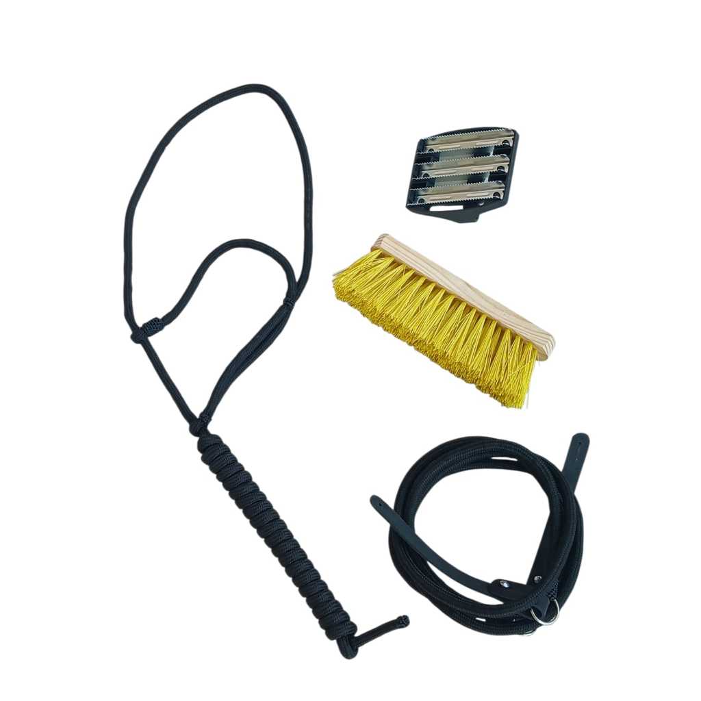 Kit Limpeza Cavalos Selaria Potro Real Contem Escovão Raspadeira Rédea e Cabresto