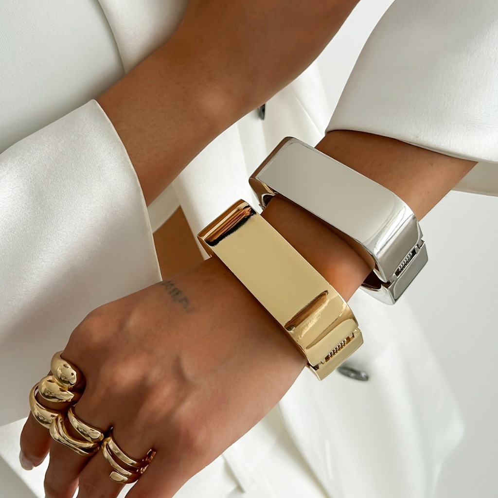 Kit 2 Braceletes Largos Rígidos Dourado + Prateado | Maxi Pulseira Minimalista em Oferta na Shopee