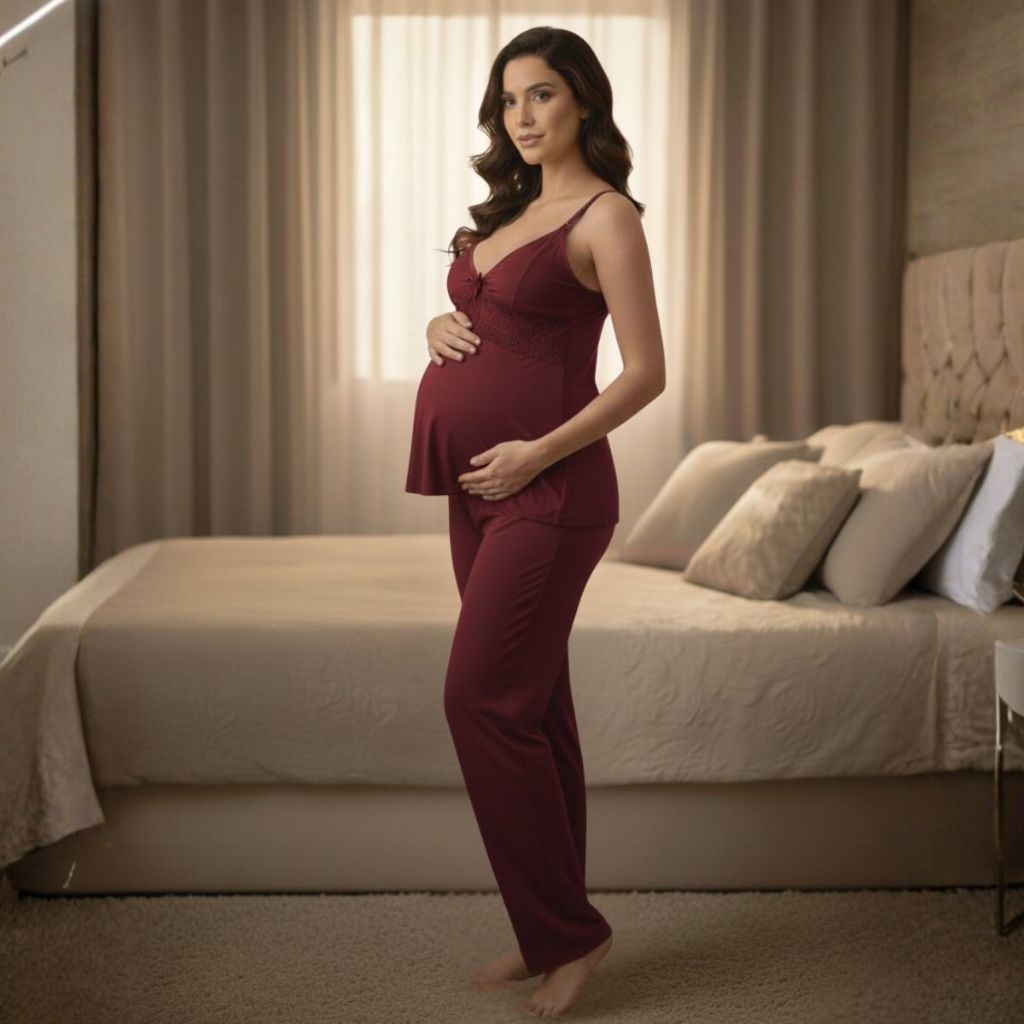 Pijama BabyDoll Amamentação Renda Blusa com Alça Reforçada com Click e CALÇA Maternidade. em Oferta na Shopee