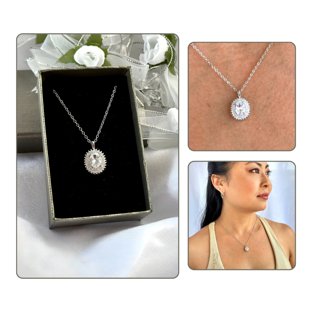 Colar Feminino em Aço Inoxidável 316L com Corrente Fina e Pingente Oval Cravejado