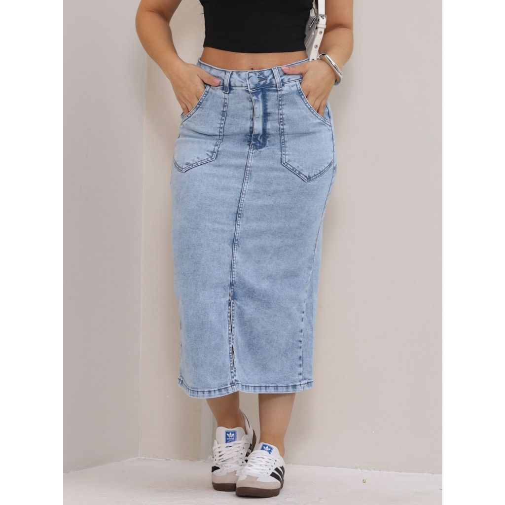 Saia Midi Jeans Com Fenda Na Frente Culto Igreja Moda Evangélica Modesta Com Lycra em Oferta na Shopee
