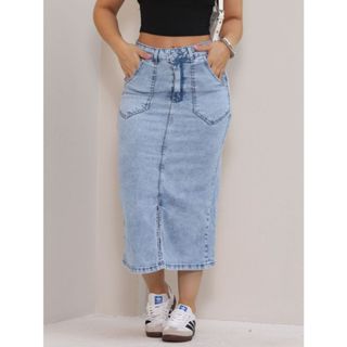 Saia Midi Jeans Com Fenda Na Frente Culto Igreja Moda Evangélica Modesta Com Lycra em Oferta na Shopee