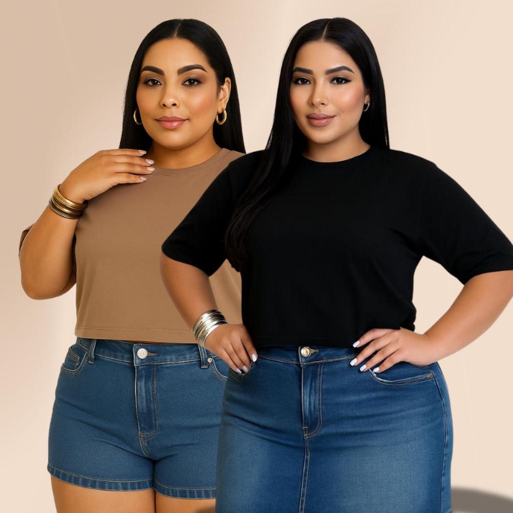 Cropped Plus Size 100% Algodão Tshirt Feminina Básico Oversized Gola Ribana