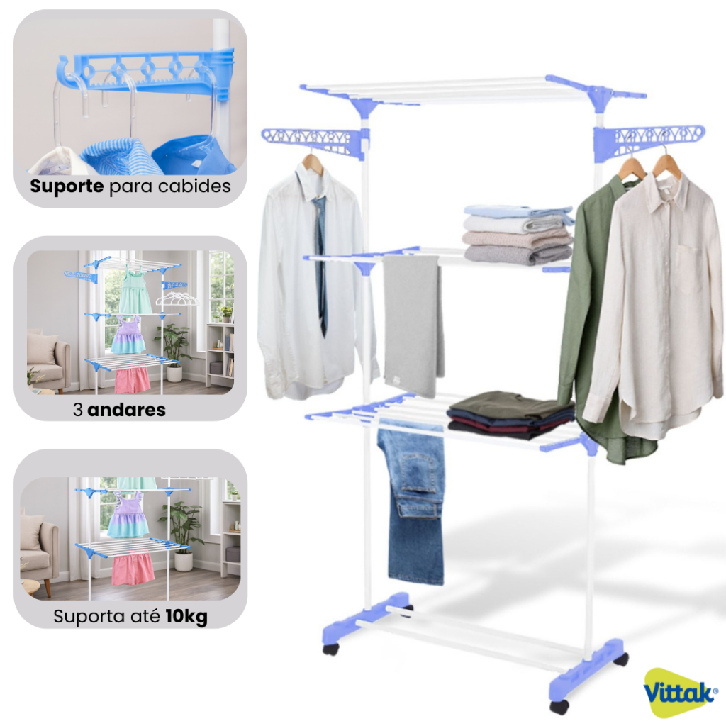Vittak Varal de Chão 3 Andares Grande Dobrável Retrátil Com Rodinhas Vertical Portátil Para Roupas