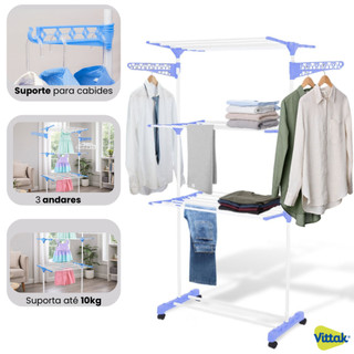 Vittak Varal de Chão 3 Andares Grande Dobrável Retrátil Com Rodinhas Vertical Portátil Pa…