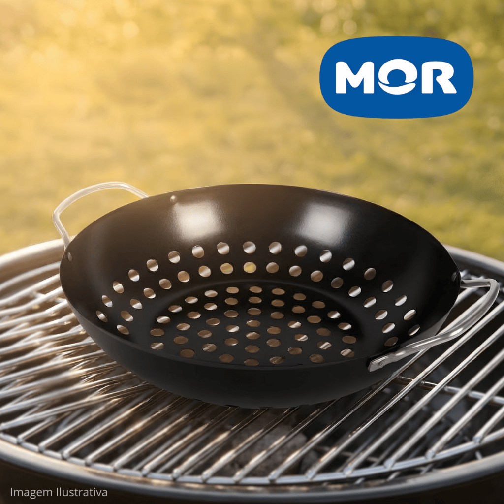 Frigideira Wok Antiaderente para Grelhar – Aço Esmaltado com Furos e Alças Ideal para Churrasqueira