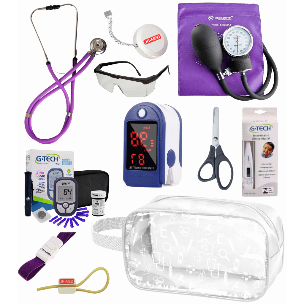 Super Kit Enfermagem Aparelho de Pressão + Estetoscópio  Premium Completo + Oximetro + Nécessaire Vinho Preto Pink Lilás