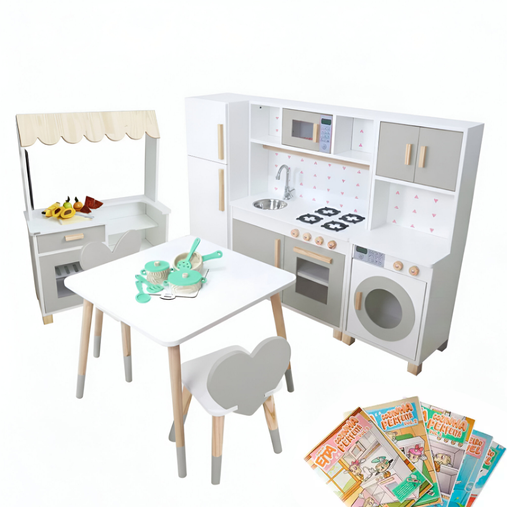 Combo Completo Mercadinho Grande Madeira Cinza Brinquedo Mercearia Faz de Conta Pedagógico Infantil Kit Livro Educativo