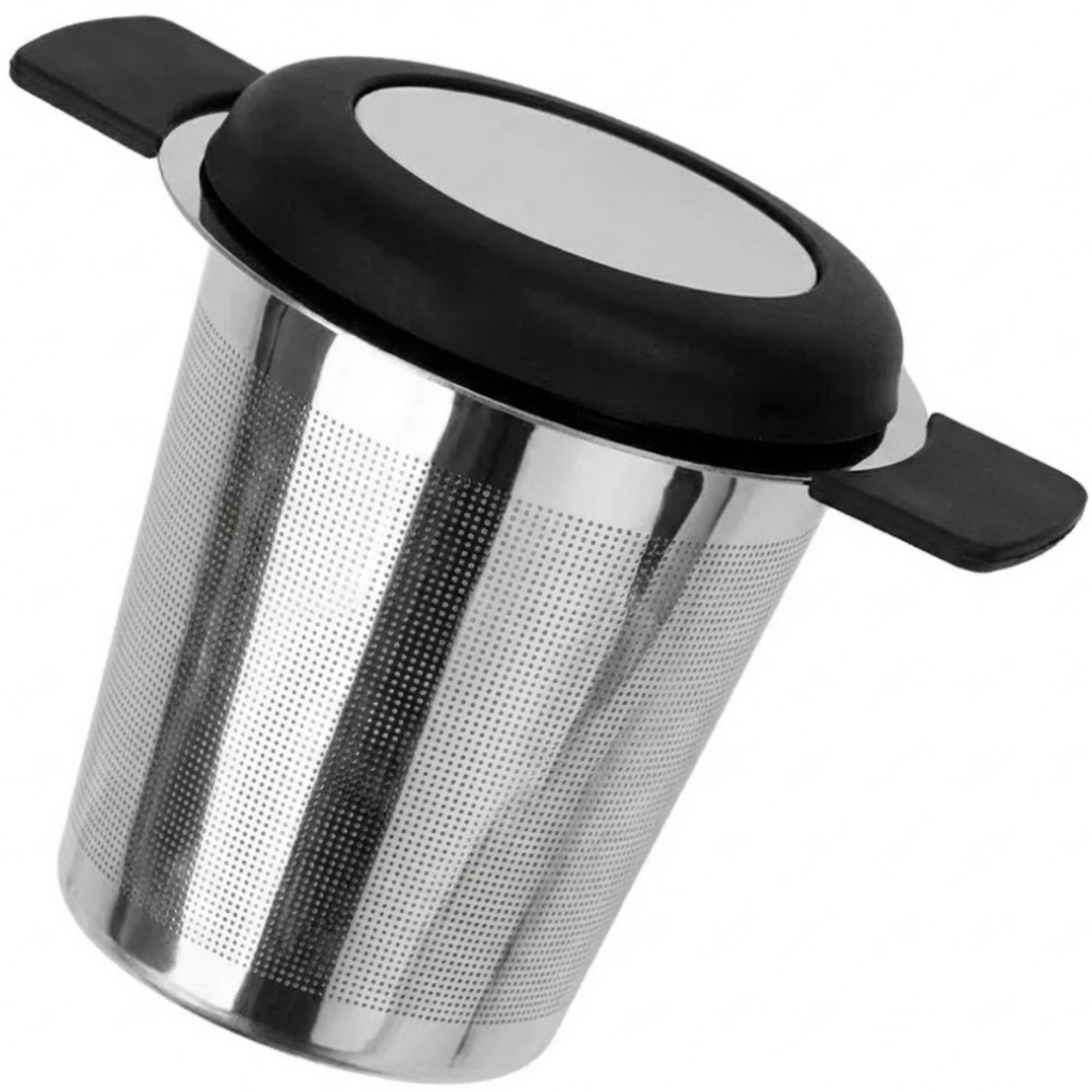 Infusor Coador De Chá Cesto Aço Inox Com Tampa Alça Silicone em Oferta na Shopee