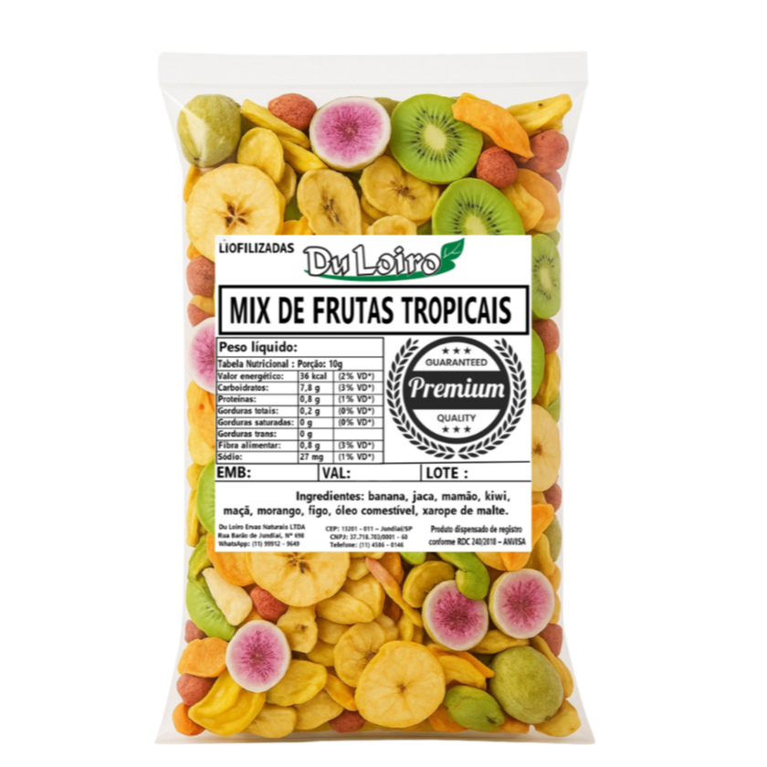 Mix Frutas Tropicais (7 Frutas): Chips de Banana, Jaca, Mamão, Kiwi, Maçã, Morango e Figo