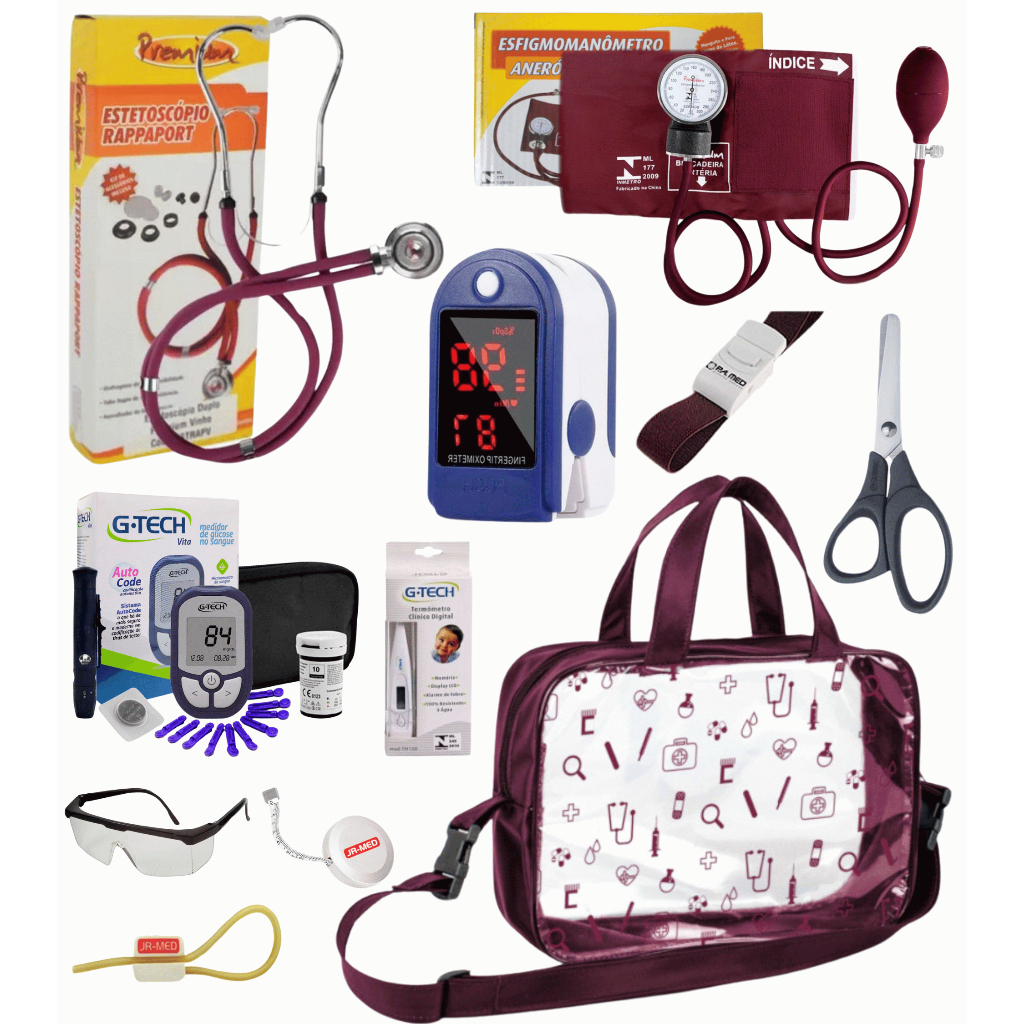 Kit Material de Enfermagem Aparelho de Pressão + Estetoscópio Duplo Premium para Estágio com Oximetro - VINHO ROSA PRETO em Oferta na Shopee