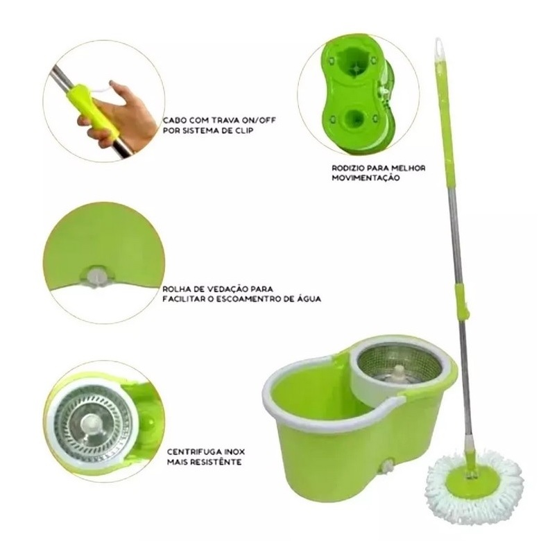 Mop Giratório Completo com Balde 15L, Cesto em Inox e Refil Extra – Limpeza Rápida e Prática