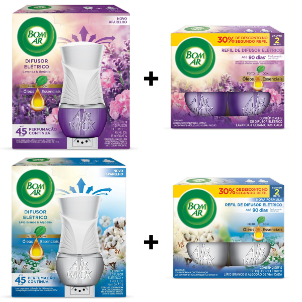 Kit Difusor Elétrico Bom Ar + 3 Refis – Lavanda ou Lírio – Perfume de Ambiente