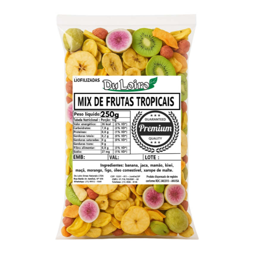 Mix Frutas Tropicais 250g -(7 Frutas): Chips de Banana, Jaca, Mamão, Kiwi, Maçã, Morango e Figo